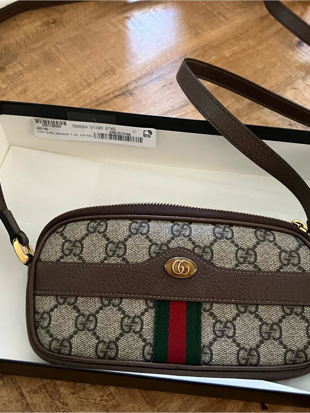 Gucci Brown GG Supreme Canvas Crossbody with Green-Red Web Stripe